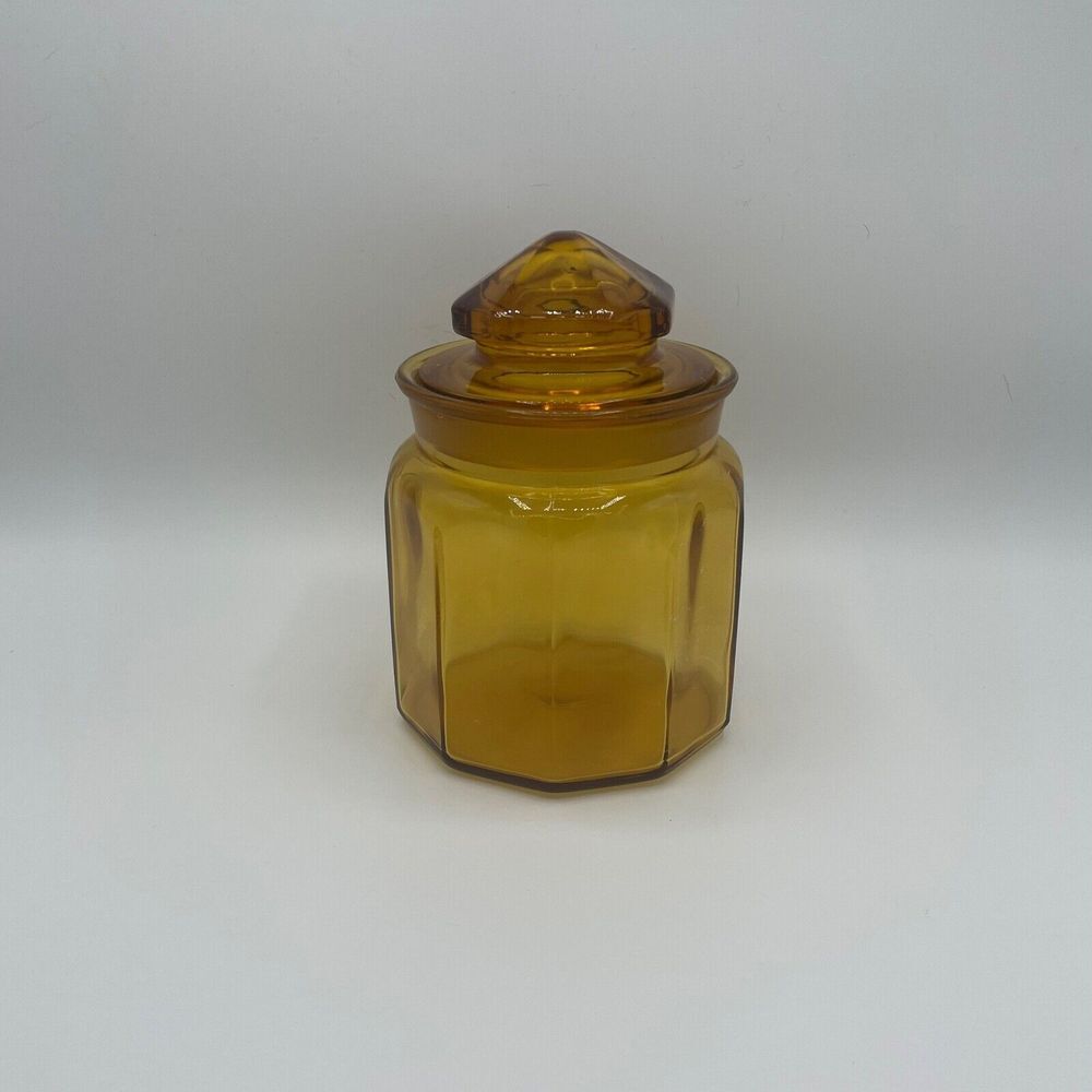 Vintage LE Smith‎ 10 Panel Amber Glass Apothecary Canister Jar w/Lid 7" Storage